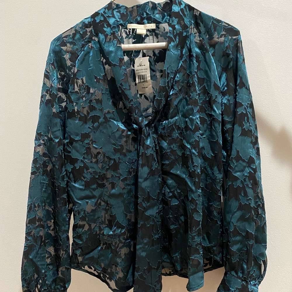 NWT Cooper & Ella Moira Tie Front Blouse Green/Black Size Small